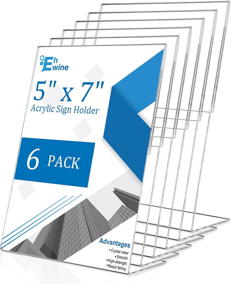 EHWINE 6 Pack 5 x 7 Acrylic Sign Holder, Clear Plastic Signs Display Stand, Vertical Slanted Back Paper Holder Stand up Table Top Sign Holders Flyer Stand Frames Suitable for Office Business Store - Image 1